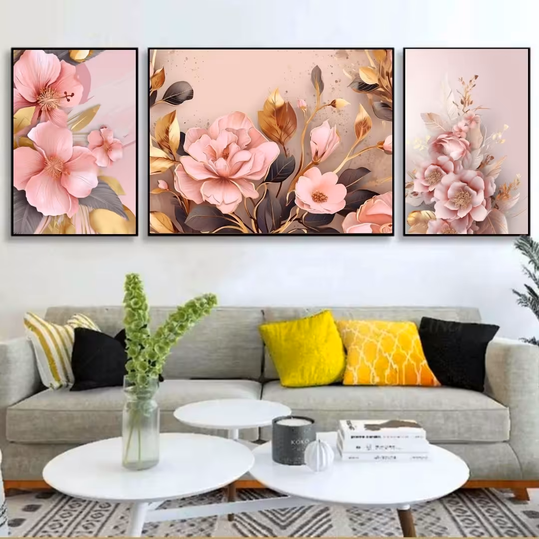 تابلو دکوراتیو سه بعدی طرح گل صورتی وبرگ طلایی سه تکه
