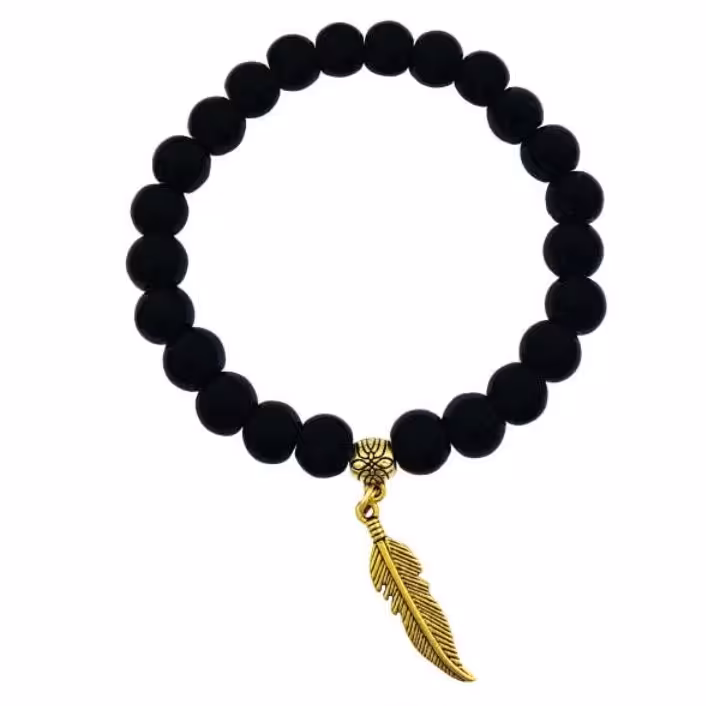 دستبند سنگ اونیکس مشکی با آویز پر