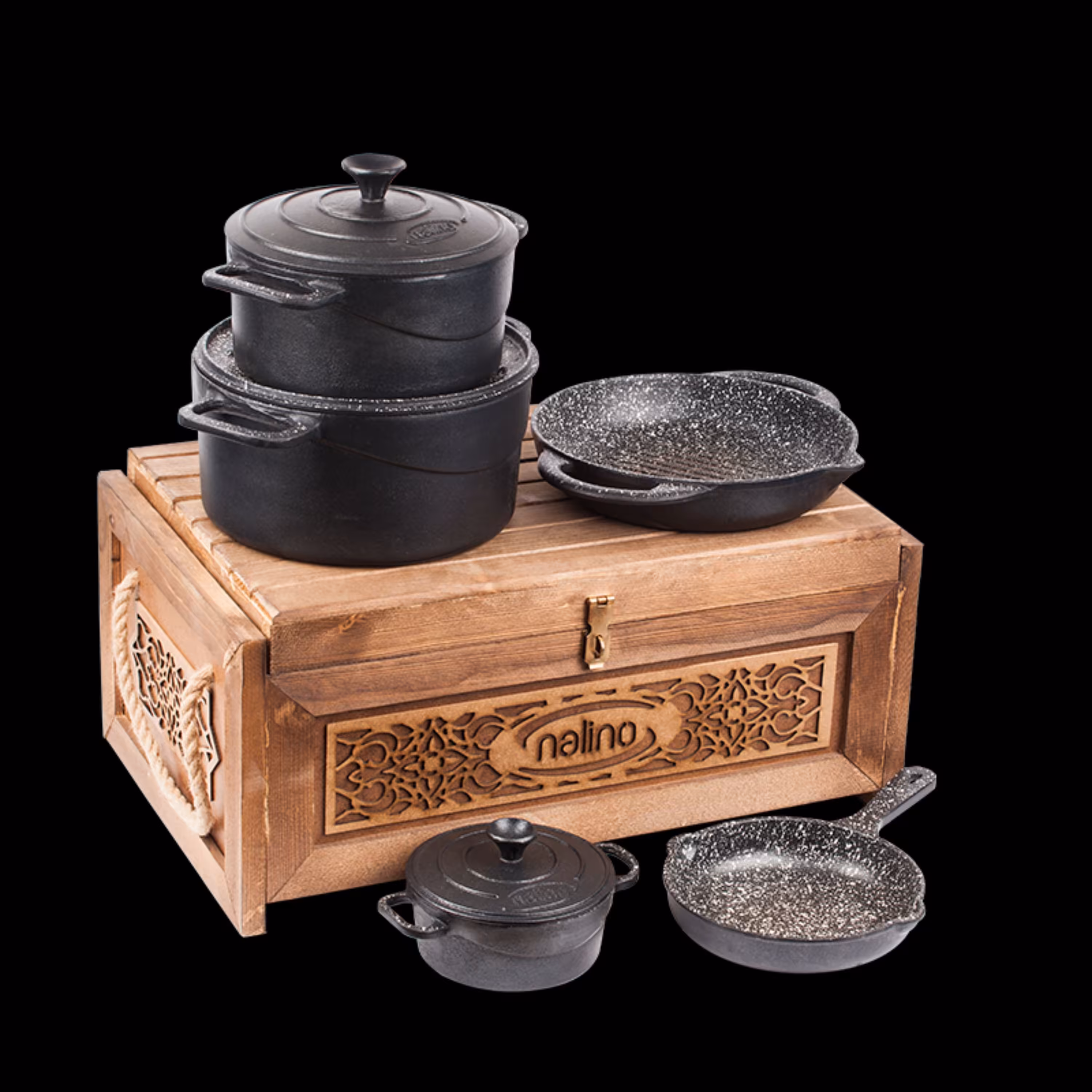 سرویس قابلمه چدنی 8 پارچه با جعبه ی نفیس چوبی مدل تکلا نالینو