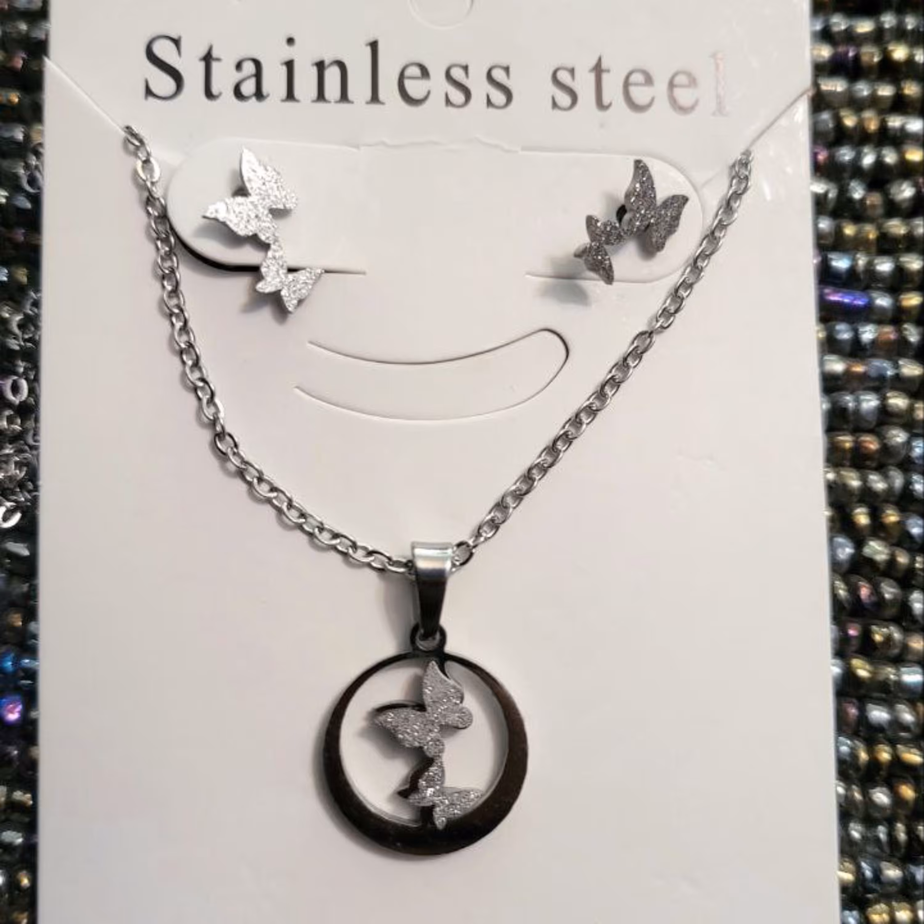 ارسال رایگان نیم ست استیل نقره ای پروانه ای