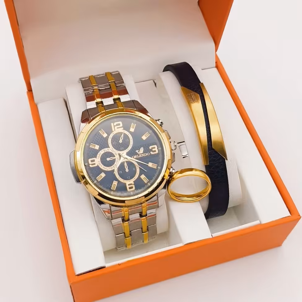 ست ساعت و دستبند چرم  و انگشتر 