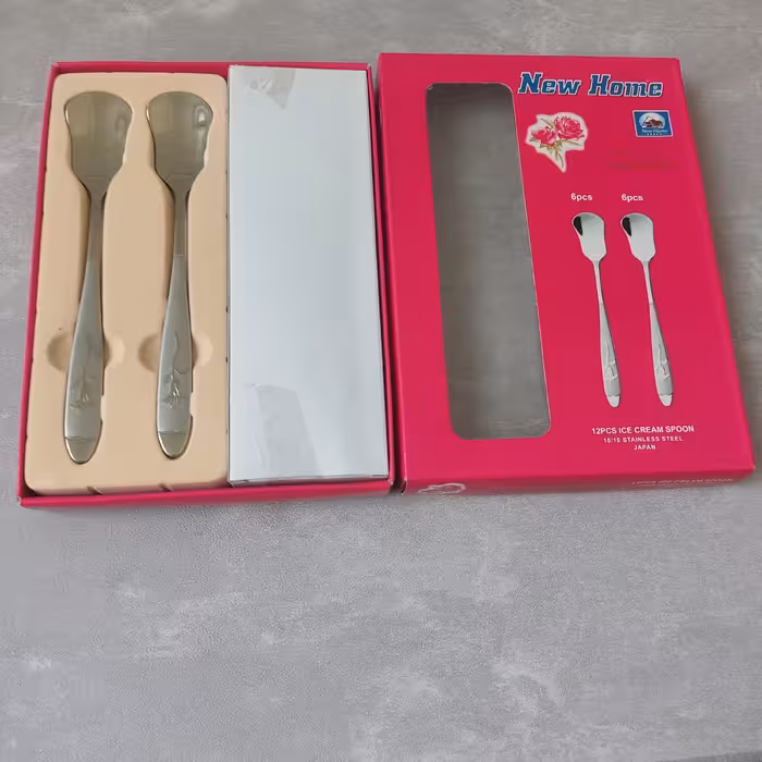 قاشق بستنی خوری طرح گل میخک ژاپنی مارک نیوهوم New Home جنس استیل ژاپن اصل بسته 12تایی طول 17سانت ضخامت 3 میل JAPAN 