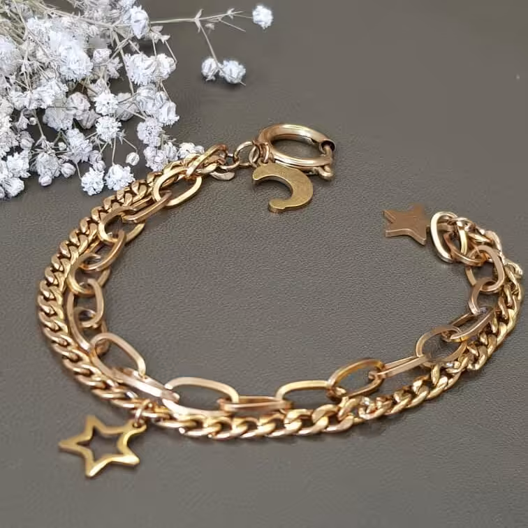 دستبندکارتیردوردیفه استیل رنگ ثابت عیار18ضدحساسیت