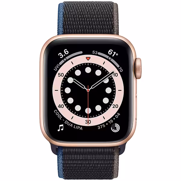 سری 6 آلومینیوم 40 میلیمتری زنانه قاب طلایی با بند اسپرت لوپ مشکی - Hiapple.ir