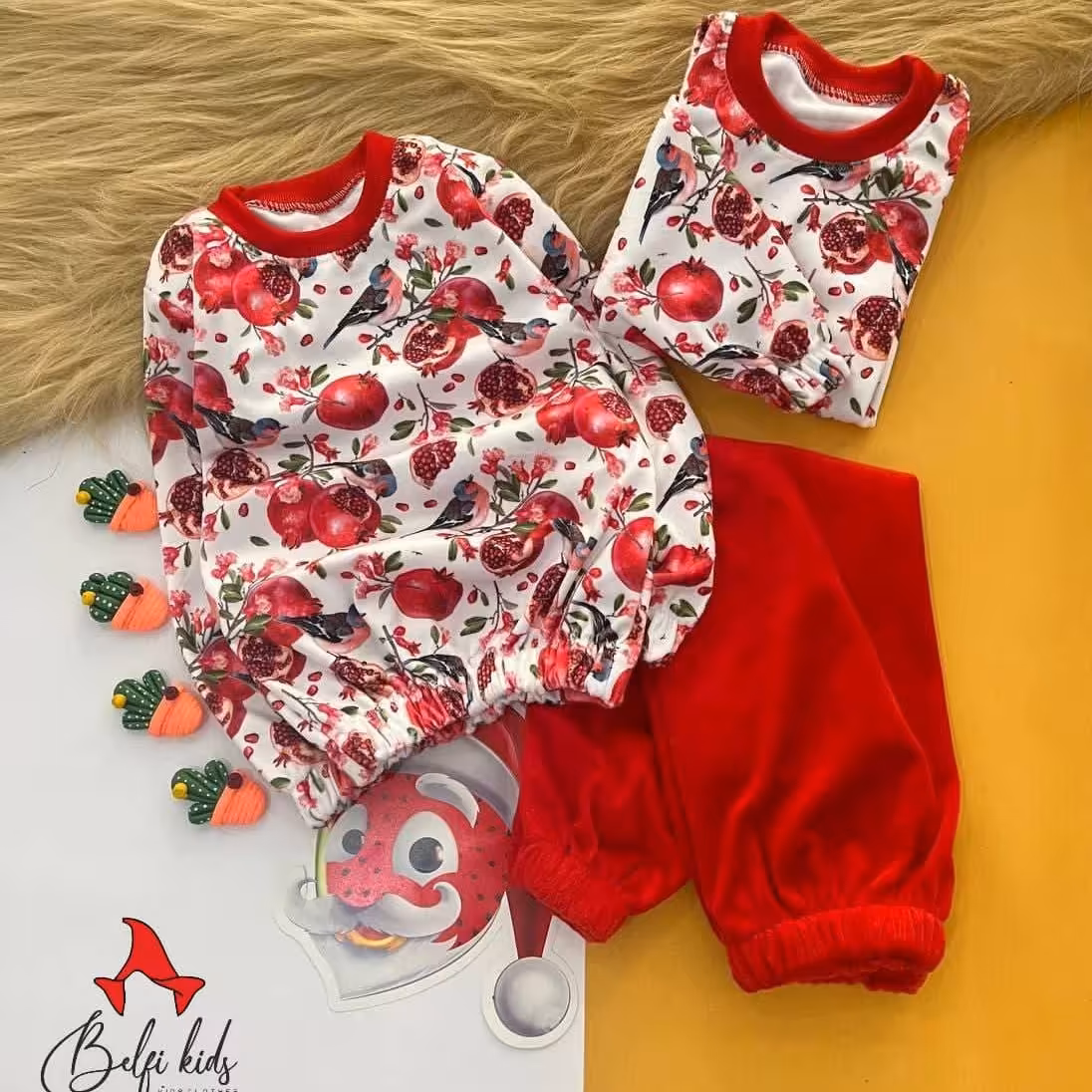 ست بلوز و شلوار مخمل یلدا طرح انار دخترانه