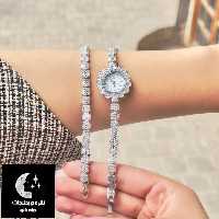 ست ساعت و دستبند نقره زنانه  امرالدبا عیار 925 و آبکاری طلا سفید