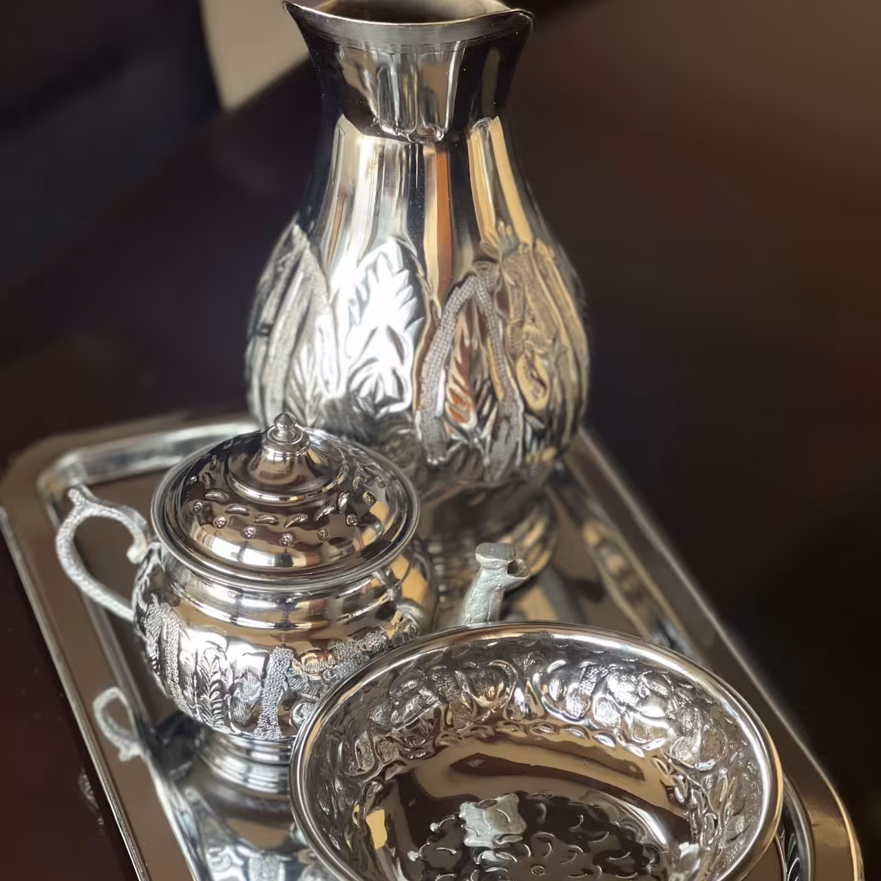 سینی سماور و پارچ و قوری و جام (ست کامل 4 تکه) مخصوص سماور