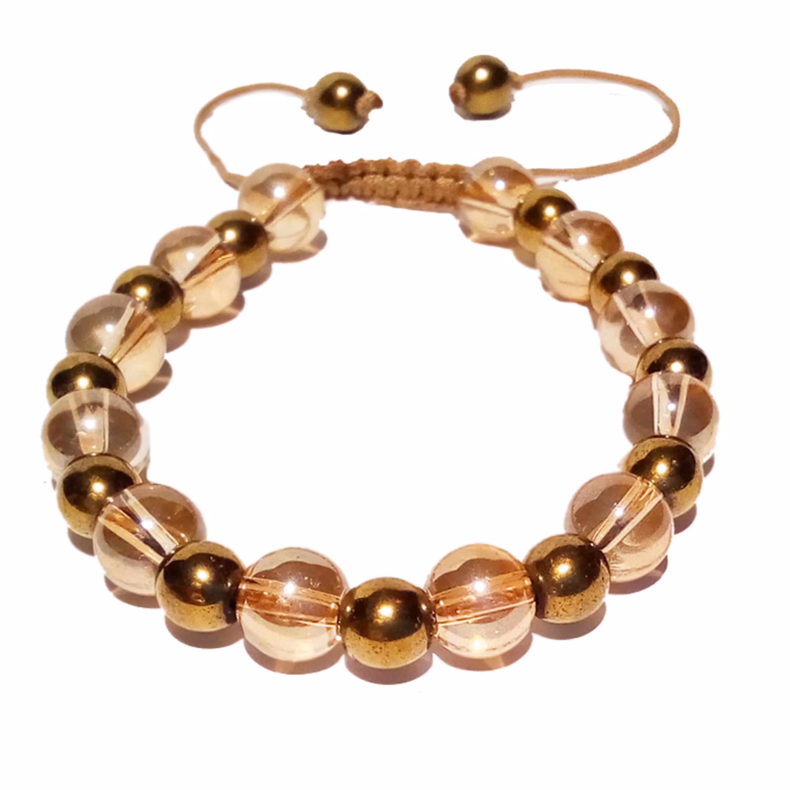 دستبند کشویی عقیق شامپاینی و حدید کروی طلایی تیره