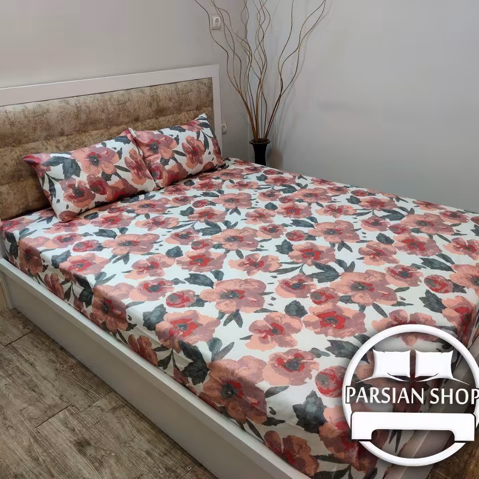 نیم ست ملحفه کشدار خوشخواب  طرح گل نارنجی دونفره  3 تکه نخی