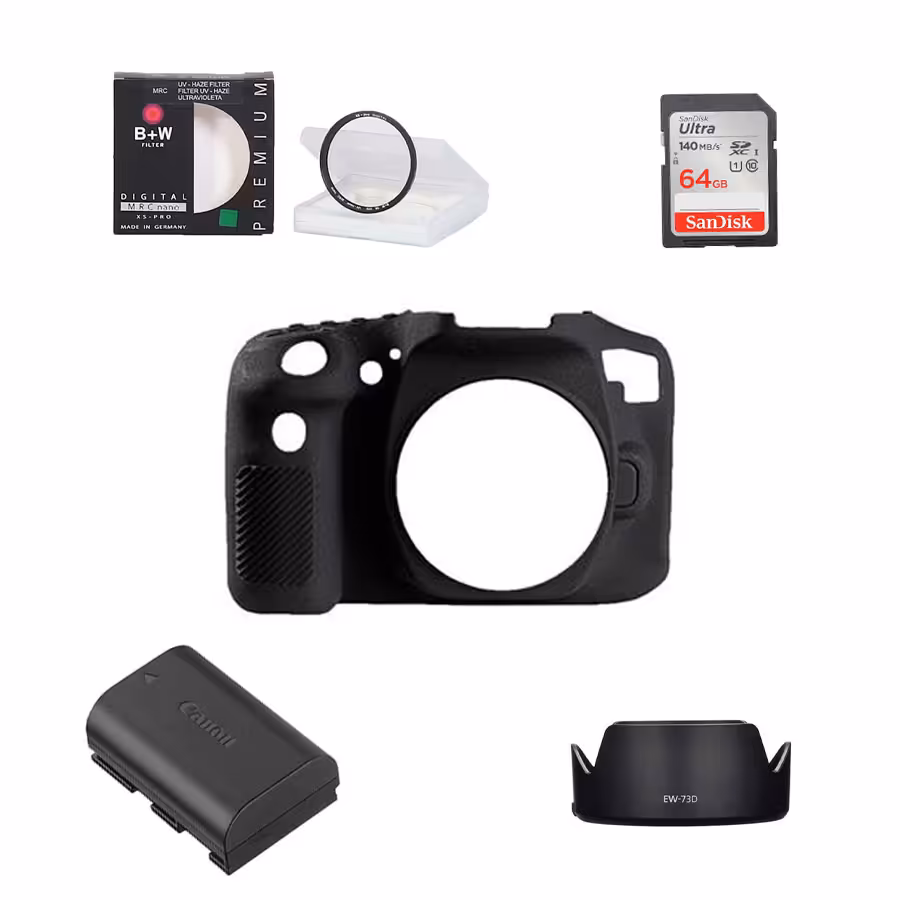 کیت دانشجویی باتری دوربین کانن LP-E6N ، کارت حافظه سن دیسک SD 64G 140mb/s ، فیلتر B W UV 67mm ،کاور سیلیکونی کانن 90D و هود لنز کانن EW-73D