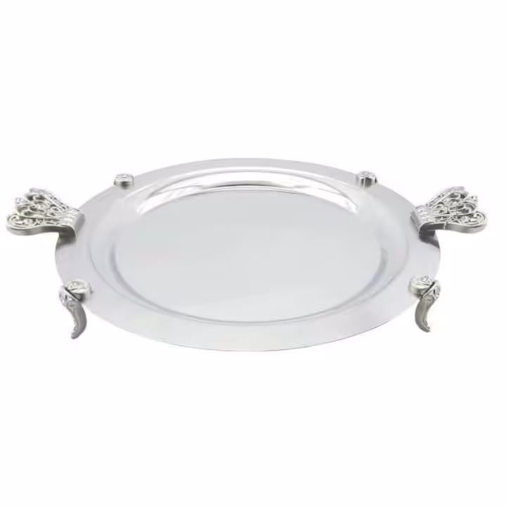 سینی استیل نگار دسته نقره ای رنگ نگین دار  کد 324