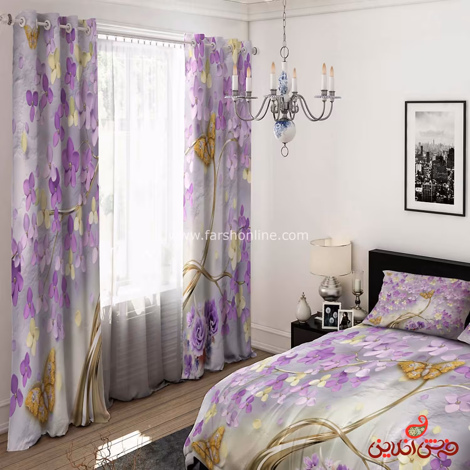 پرده 2 عددی کد 15485/1 طرح درخت شکوفه بنفش