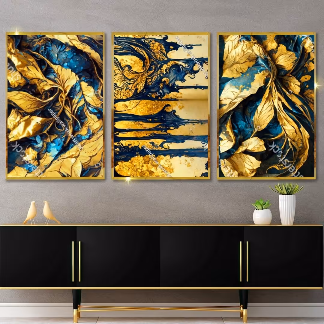 تابلو دکوراتیو لوکس وانتزاعی آبی وطلایی سه تکه 