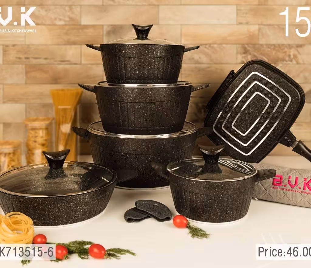 سرویس قابلمه گرانیتی 15 پارچه بی وی کی BVK مشکی کد 1-713515