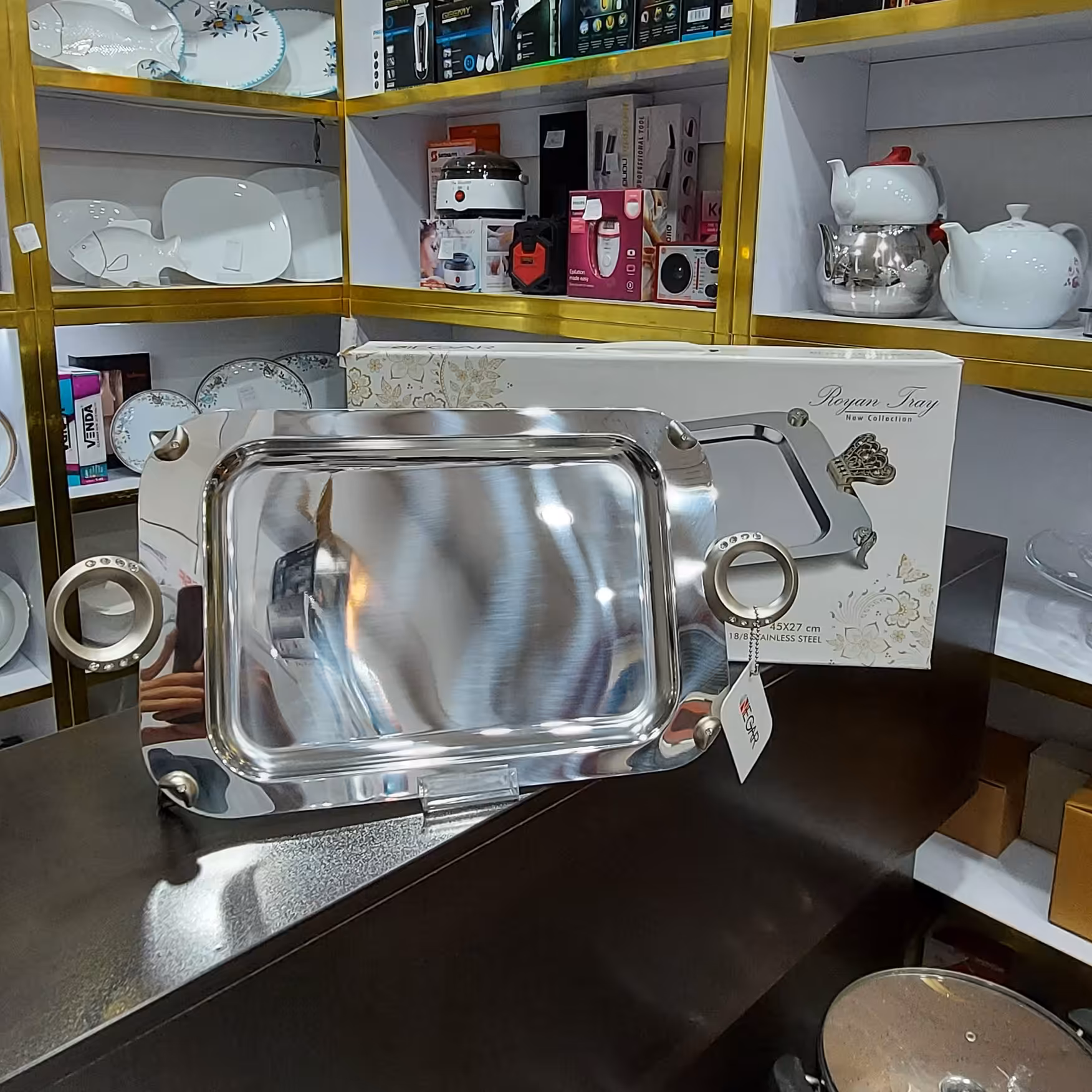 سینی مستطیل نگار دسته نگین دار ابعاد ( طول 45 عرض 27)