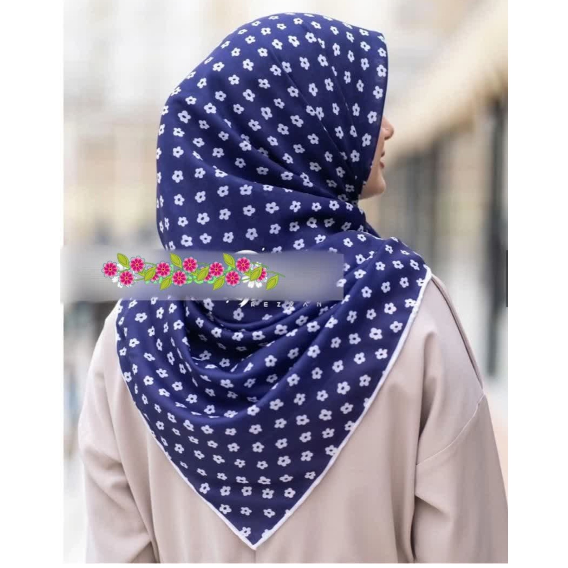 روسری نخی کاربنی جذاب با گلای سفید جنس سوپر نخ قواره 140