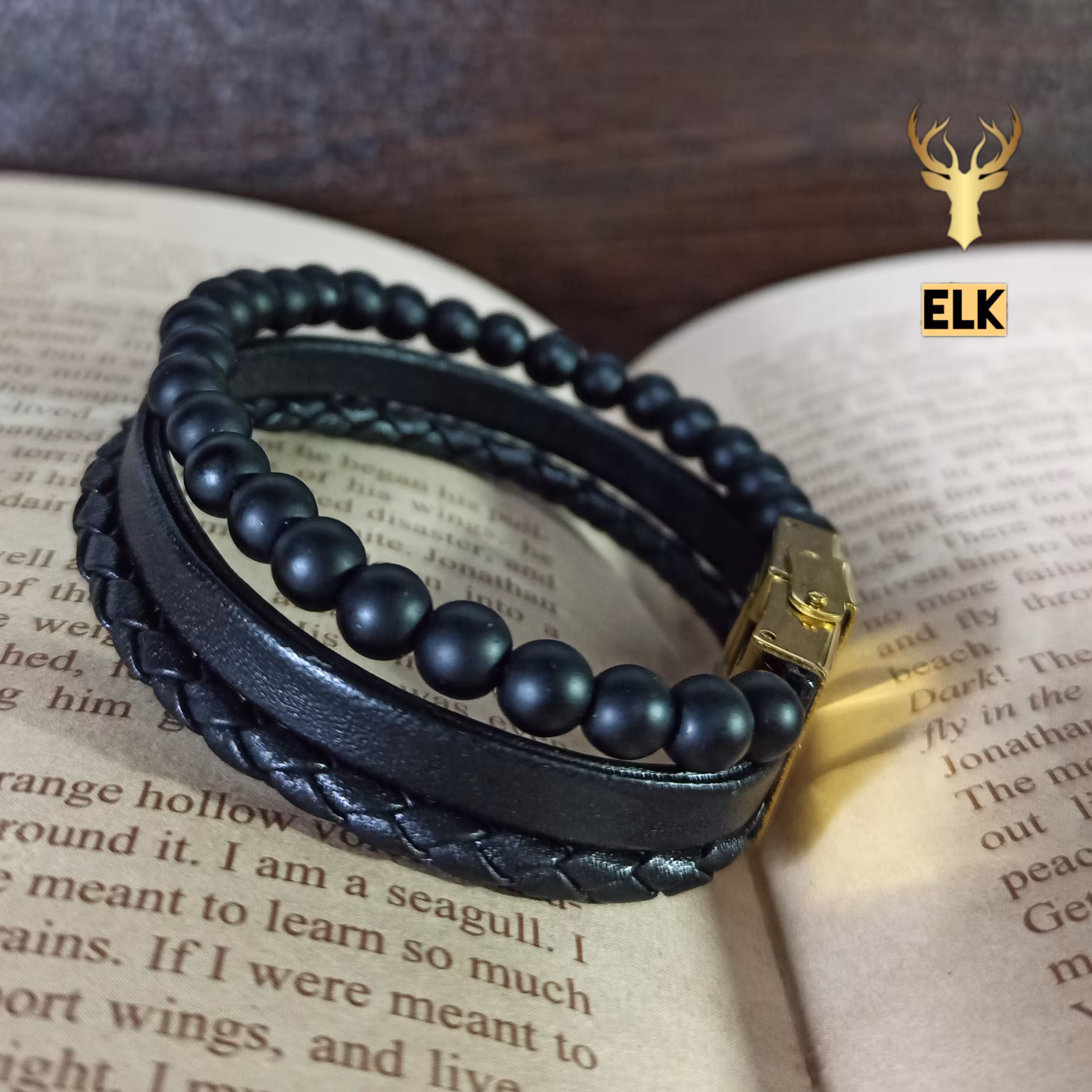 دستبند چرم طبیعی و سنگ مدل A311 مشکی (ارسال رایگان با جعبه چوبی)