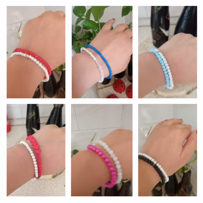 دستبند های دوتایی مروارید و کریستال با رنگ بندی های جذاب و زیبا 