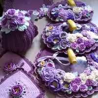 سرویس دمکنی قابلمه قلاببافی جنس کتان الیاف طبیعی بنفش با تزیین گلهای بنفش