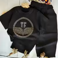 ست کراپ شلوار دخترانه محرمی نگین دار TF جنس کراپ پنبه و شلوار کرسپو از سایز 40 تا 55 ( ارسال رایگان )