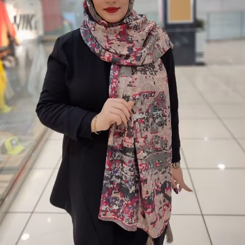 شال نخ پنبه منگوله دار طرح بهاری قواره بلند  