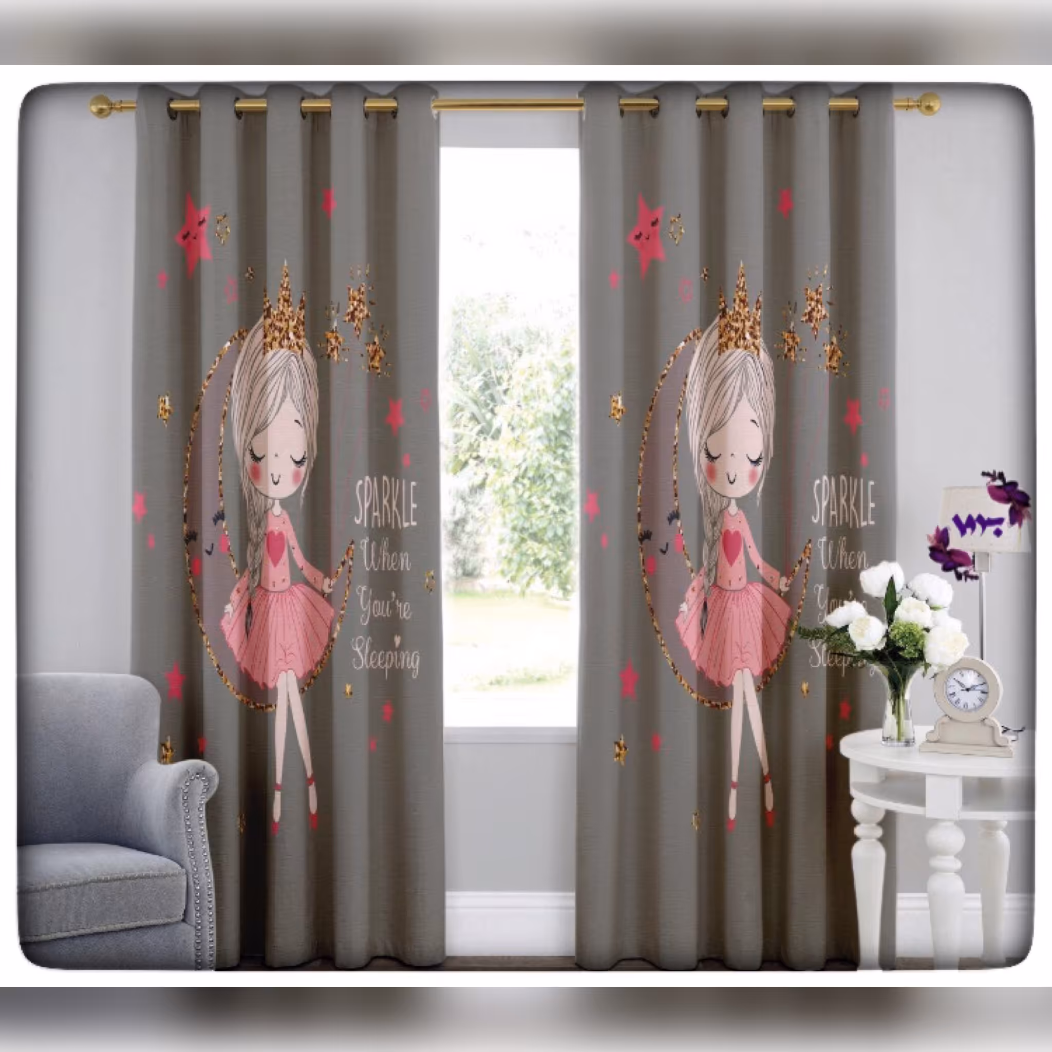 پرده کودک طرح دختر ماه سوار بروا گالری با کیفیت و دوخت بسیار عالی