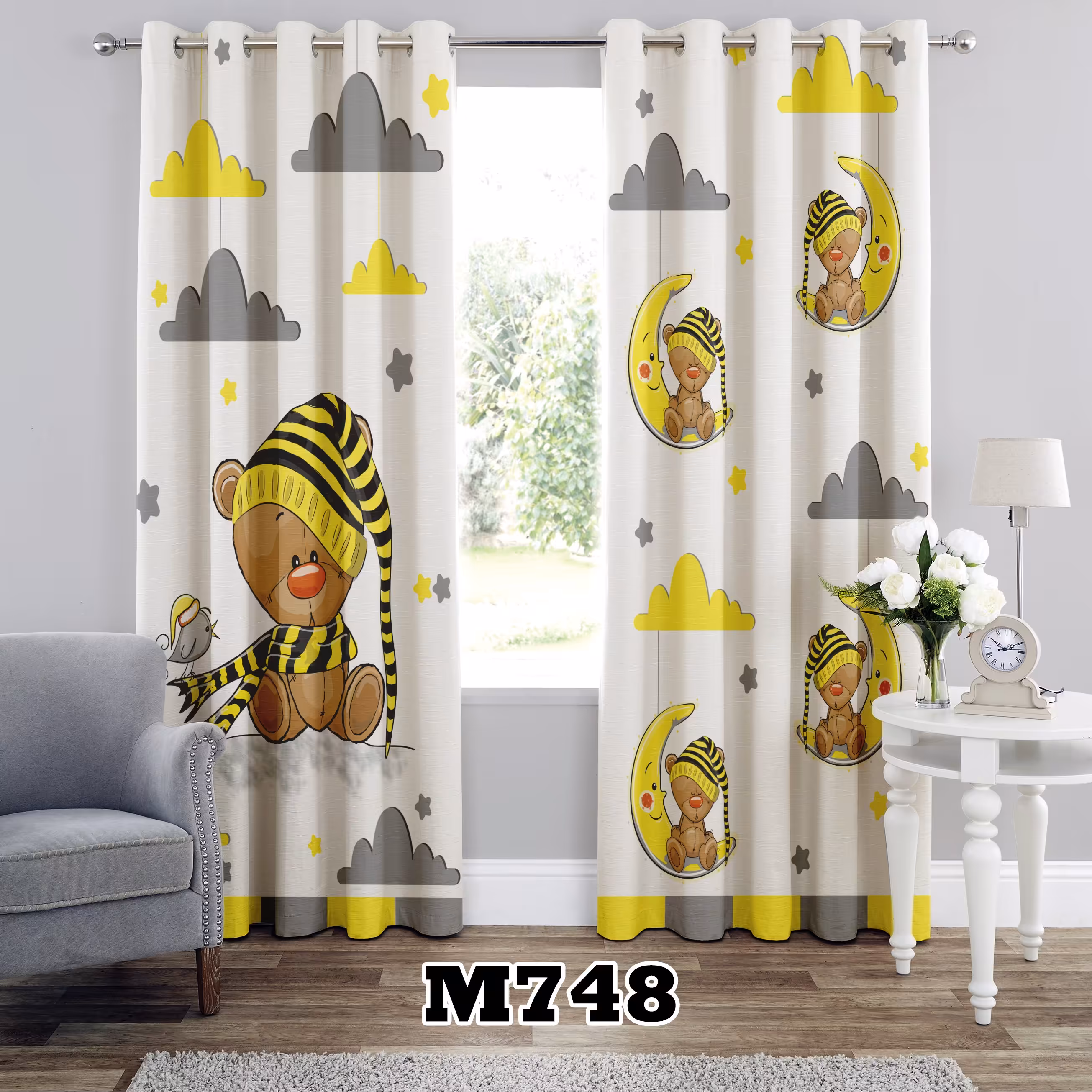 پرده چاپی طرح خرسی کد M748 تک قواره ارتفاع 300 عرض 140 سانت