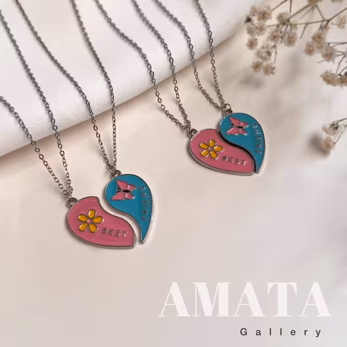 گردنبند ست دونفره بست فرند قلبی مدل گل و پروانه