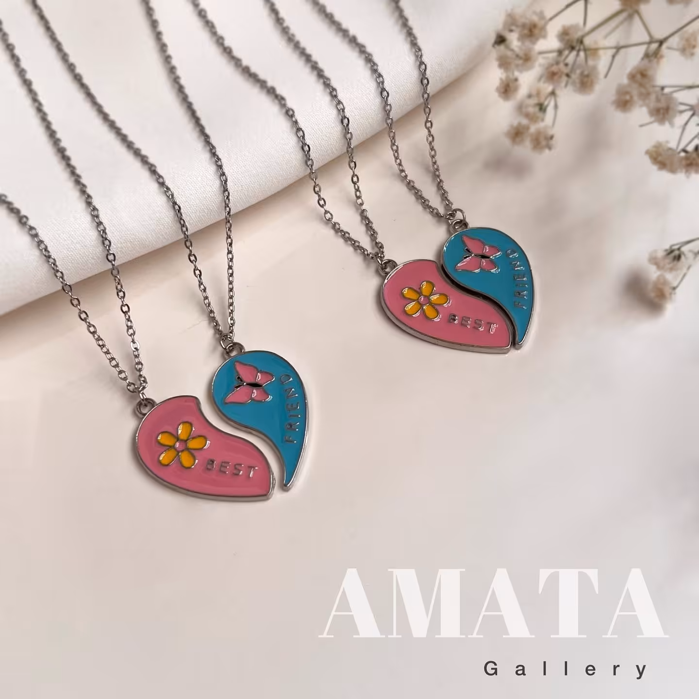 گردنبند ست دونفره بست فرند قلبی مدل گل و پروانه