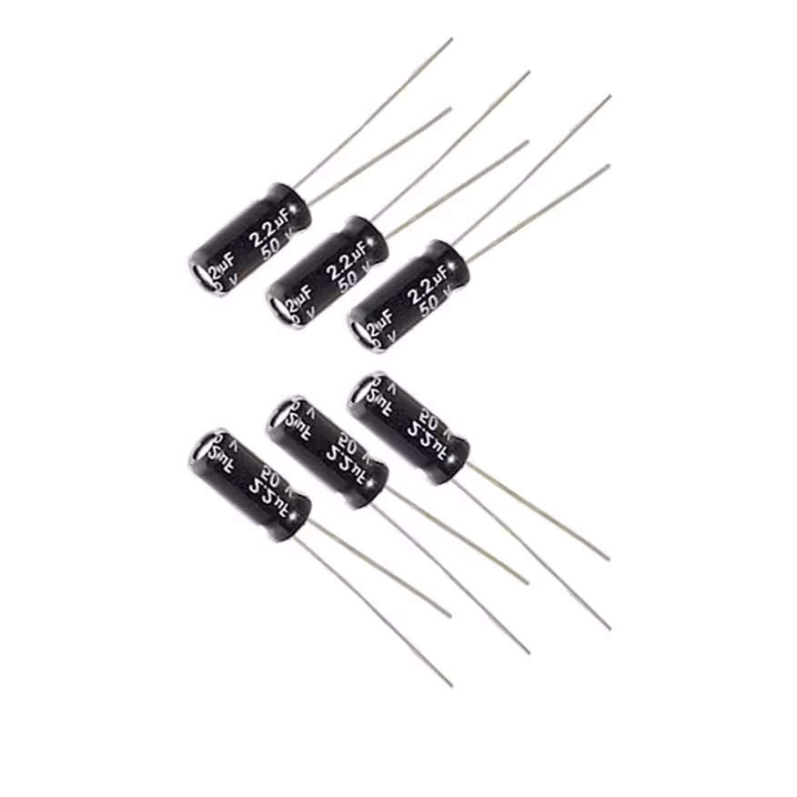 خازن الکترولیتی 2.2 میکروفاراد 50 ولت کد Ca2.2uf-50V بسته 6 عددی