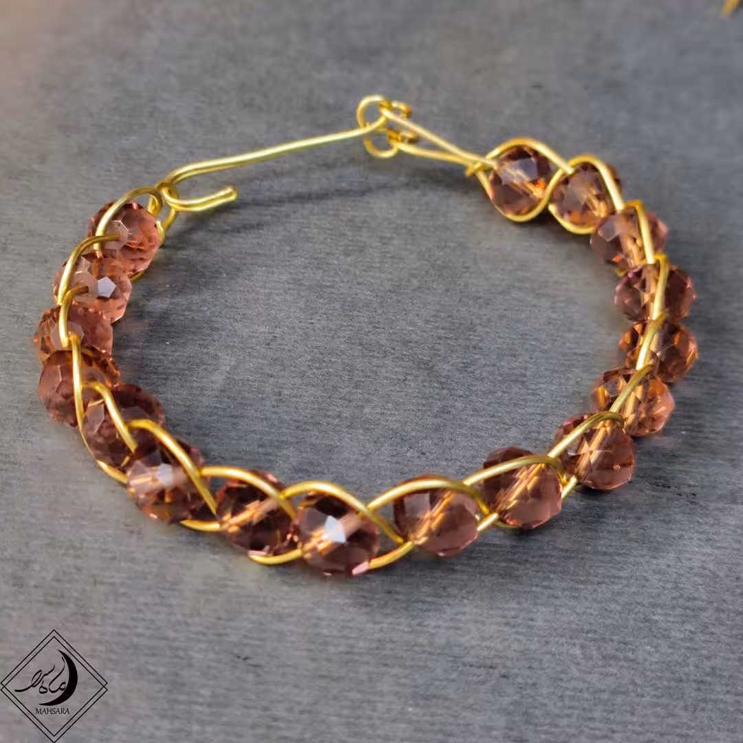 دستبند مفتولی  برنجی- استیل - مسی سیمی پیچی سنگ کریستالی