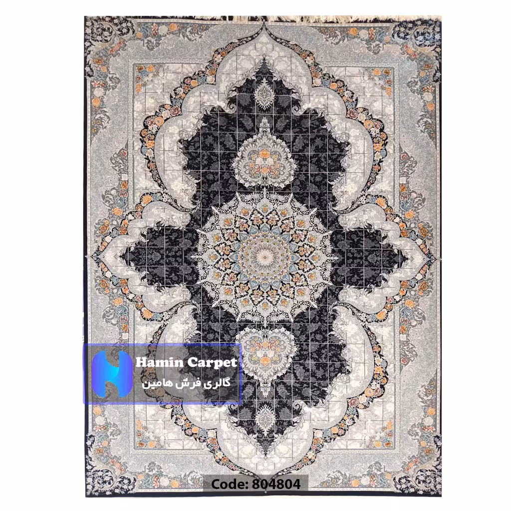 فرش 9 متری 700شانه تراکم 2550 نخ آکلریک رنگ زمینه سرمه ای کد AR804804