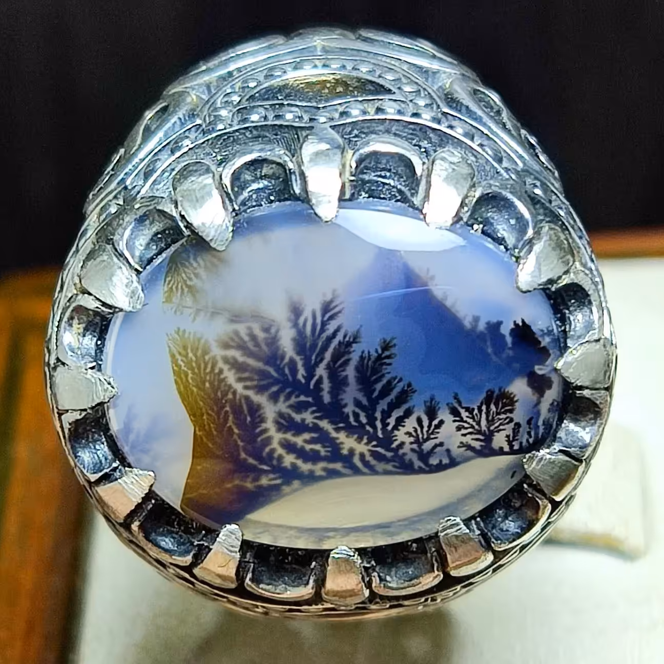 انگشتر نقره شجر منظره طبیعی و معدنی هم تک درخت هم منظره زمینه شفاف و روشن نقش پر رنگ و بی تکرار کاری کلکسیونی و بینظیر 