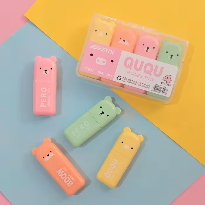 ماژیک هایلایتر  و علامت زن تدی پاستیلی 4 عددی لوازم تحریر فانتزی