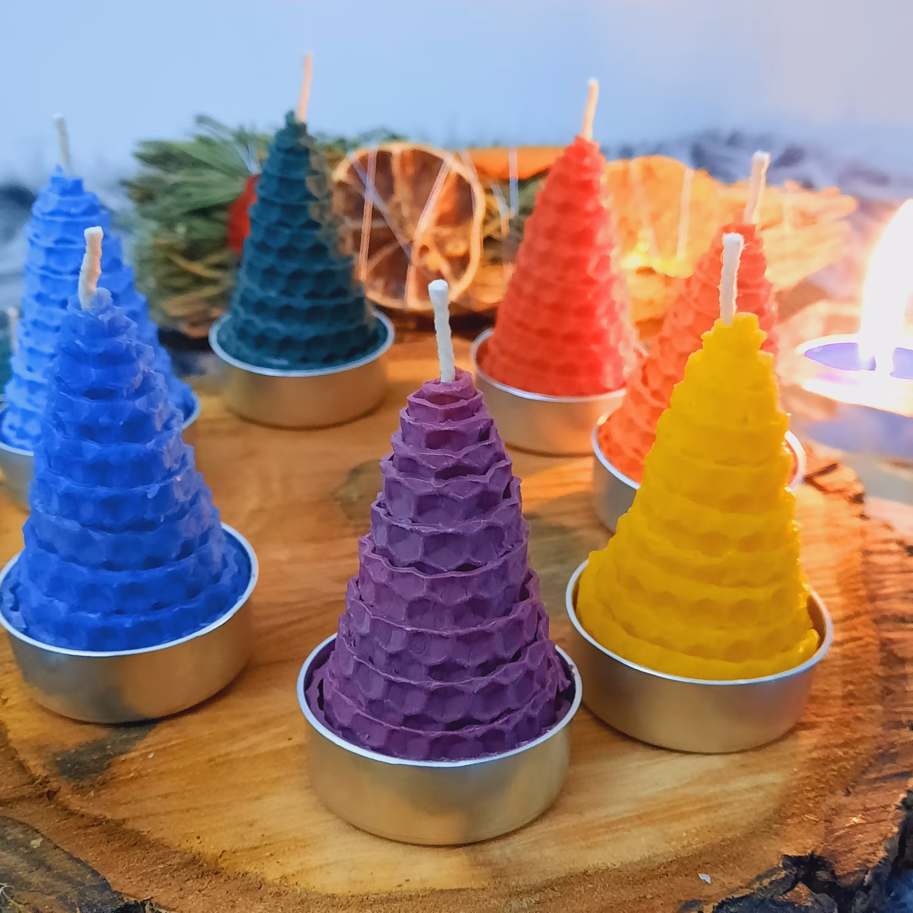 شمع دست ساز موم عسل مخروطی وارمری ست 7 عددی عمده و تک