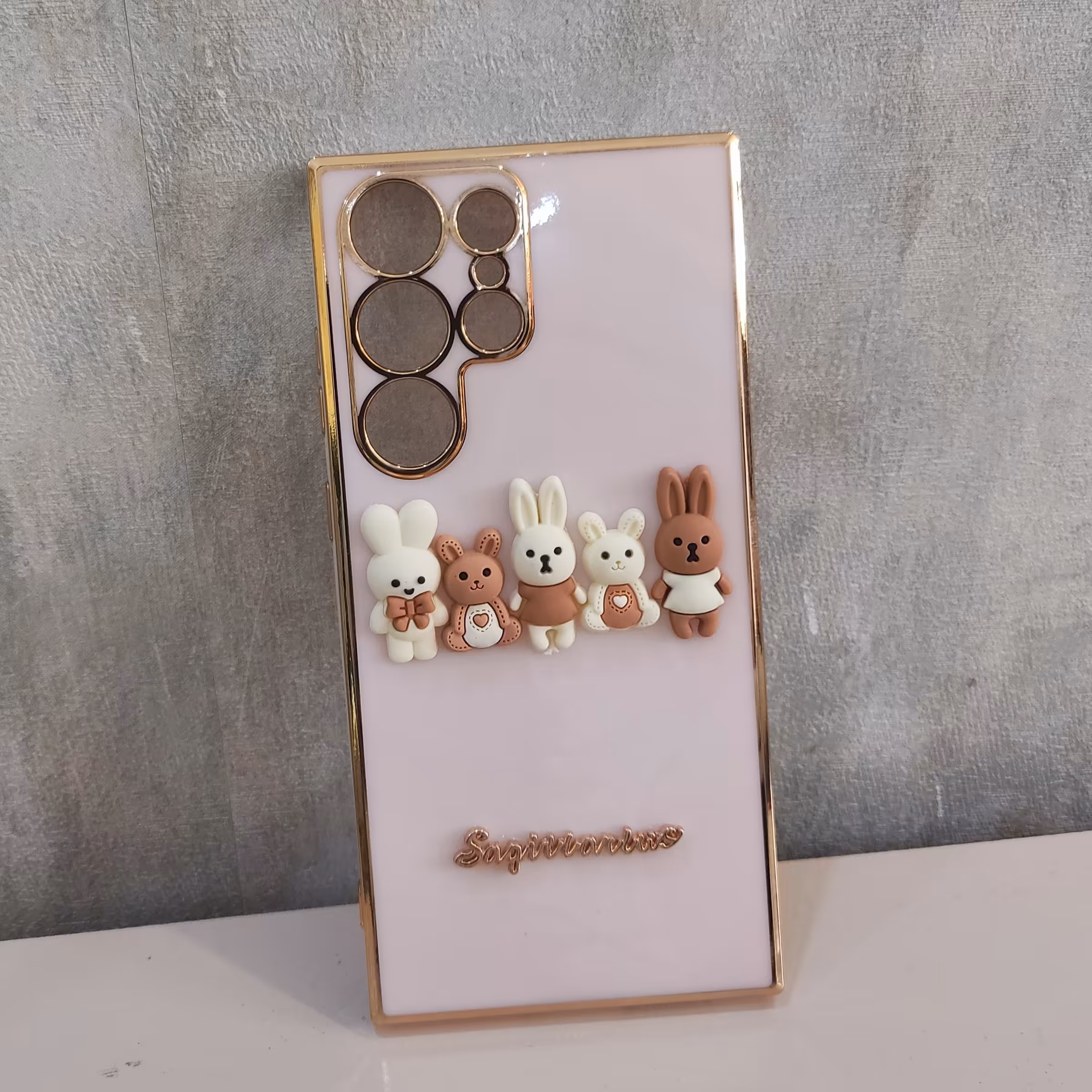 قاب موبال خرگوشی خرسی دور طلایی مدل  S23 ultra صورتی