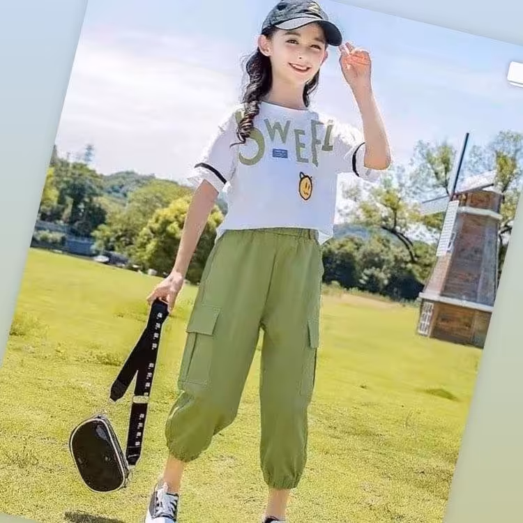 تیشرت و شلوار دخترانه، 5 تا 11 سال، کیفیت تضمینی و عالی، دو رنگ سبز و صورتی، تیشرت نخ پنبه و شلوار نخ کتان