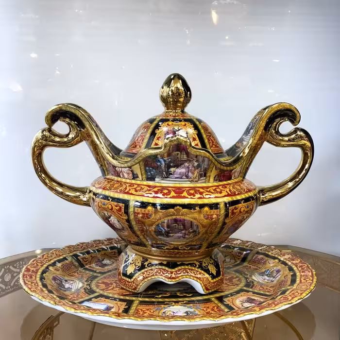 سوپ خوری درب دار همراه دیس اتلیه ای یا البومی قرمز مشکی خارجی جهزیه ارسال پسکرایه 