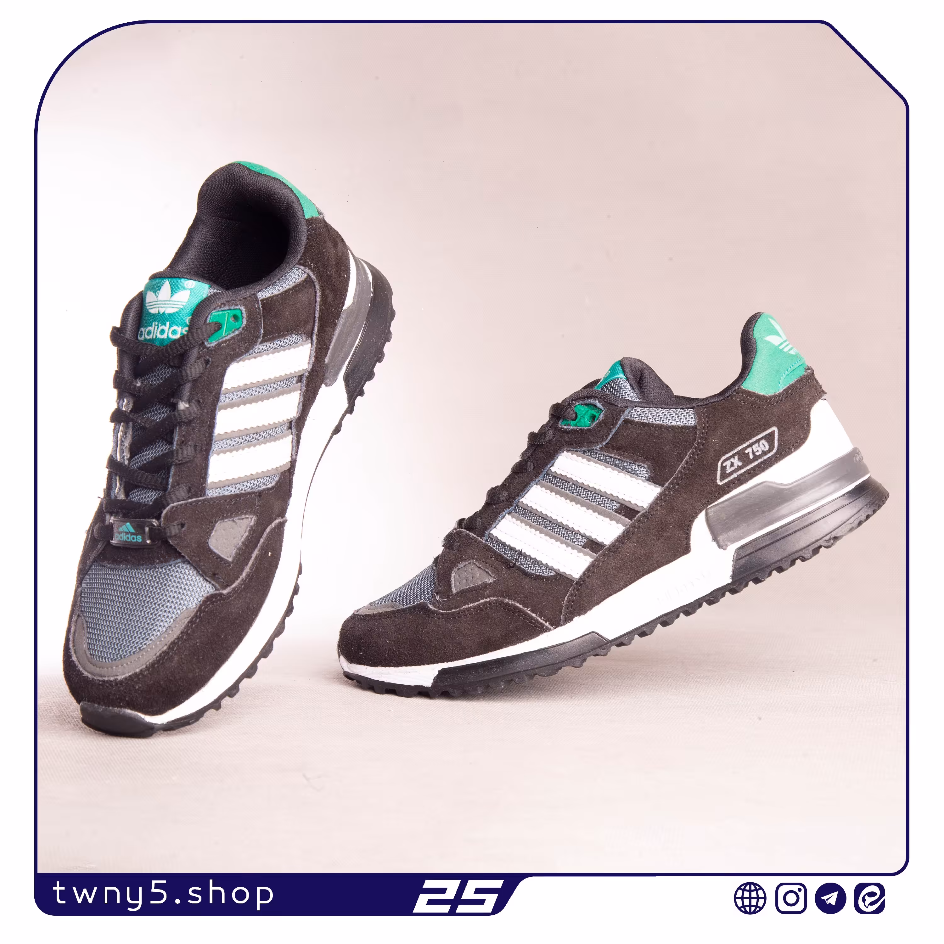 کتونی مردانه مدل آدیداس zx750 رنگ سفید مشکی سبز سایزبندی 41 الی 44 قالب این کتونی یک سایز کوچک تر از استاندارد است