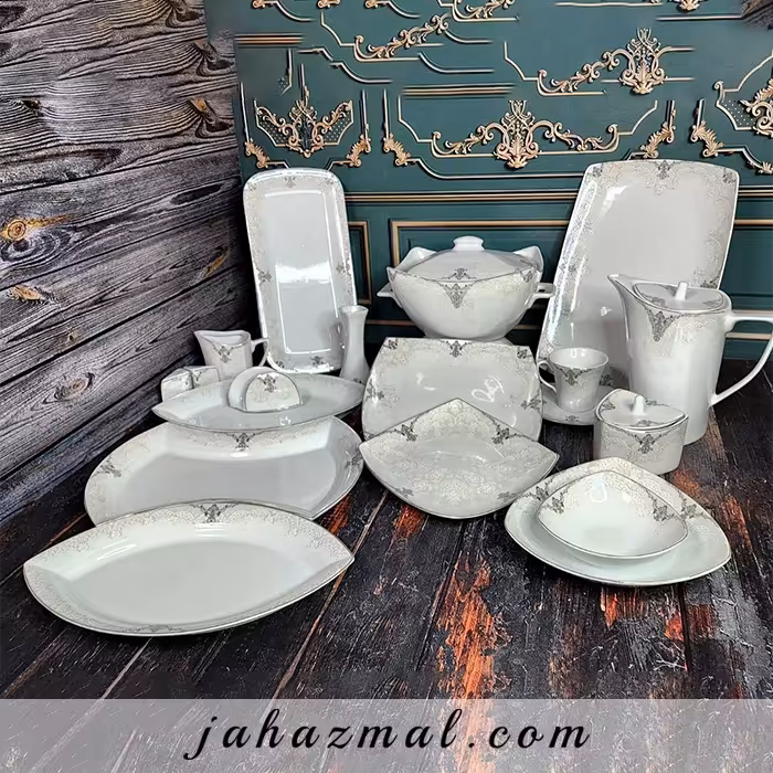 سرویس چینی پردیس طرح ستایش نقره ای 105 پارچه کد 466a