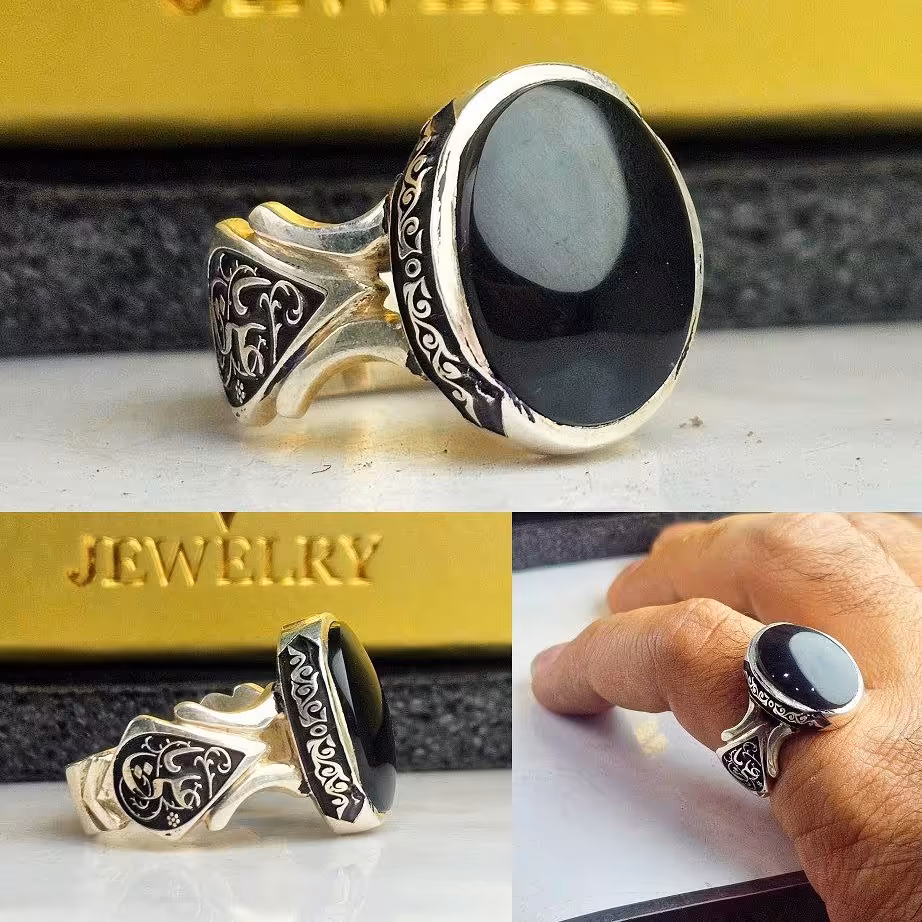 انگشتر مردانه عقیق یمنی مشکی اصلی رکاب نقره چنگی دستساز صفوی عیار925ارسال رایگان