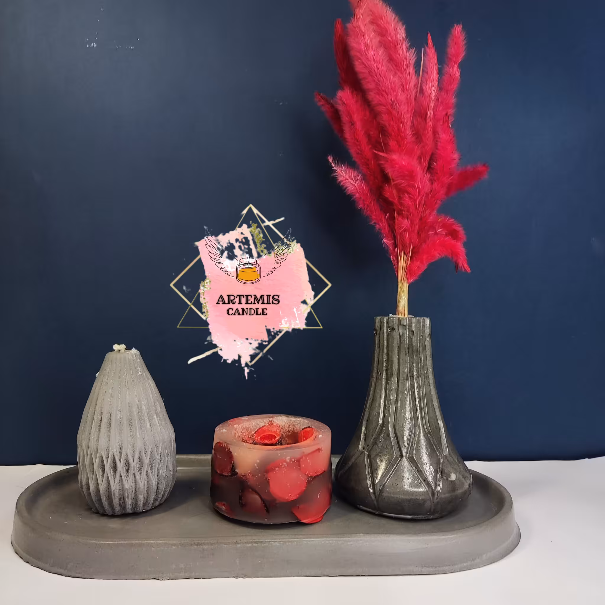 ست شمع و سنگ طرح شمع فانوسی گل سرخ و شمع خمره ای