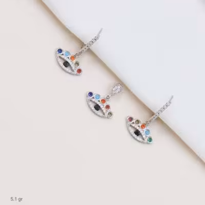 نیم ست نقره طرح چشم ریز نگین رنگی کد 1607