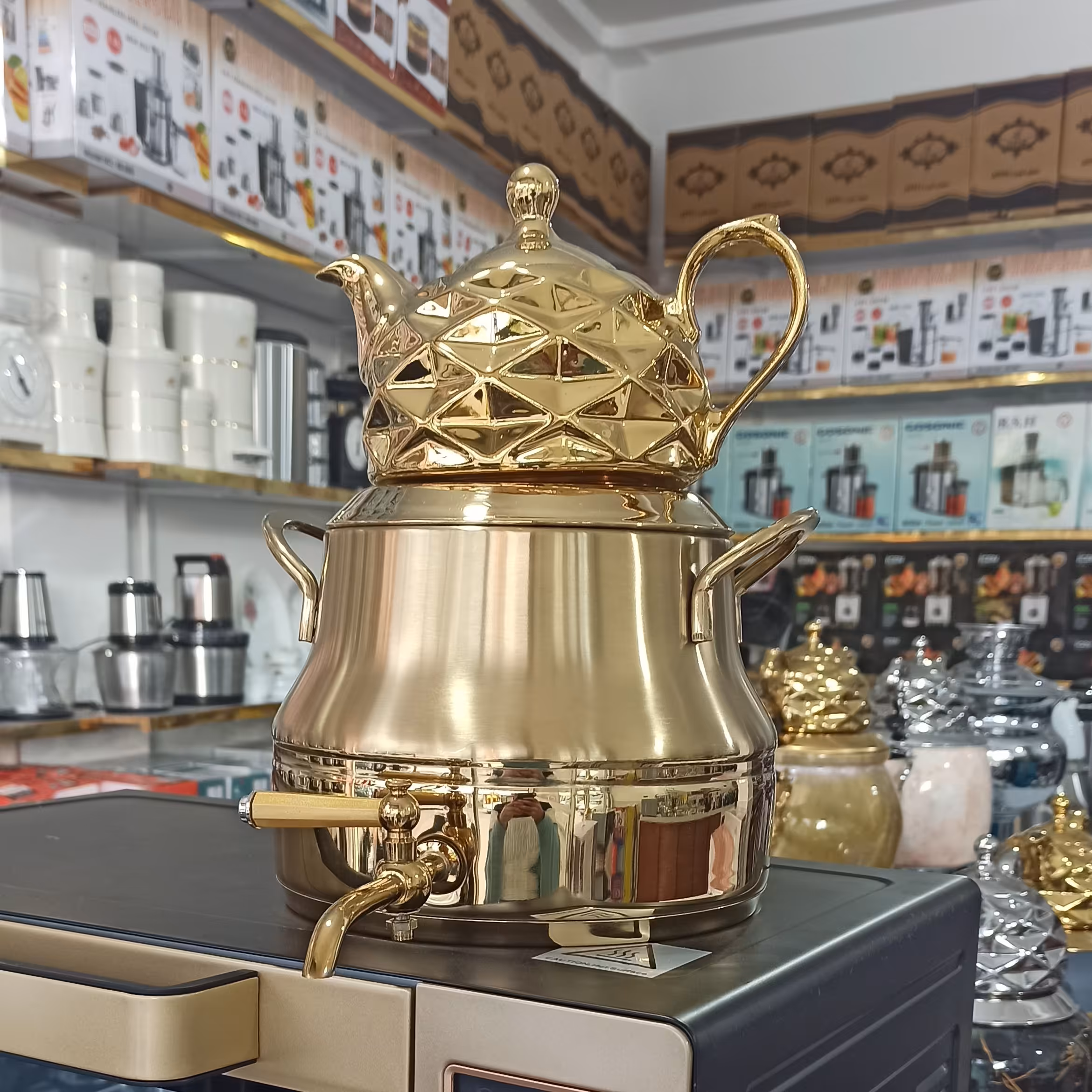 کتری قوری و روگازی طلایی و رنگی طرح دار