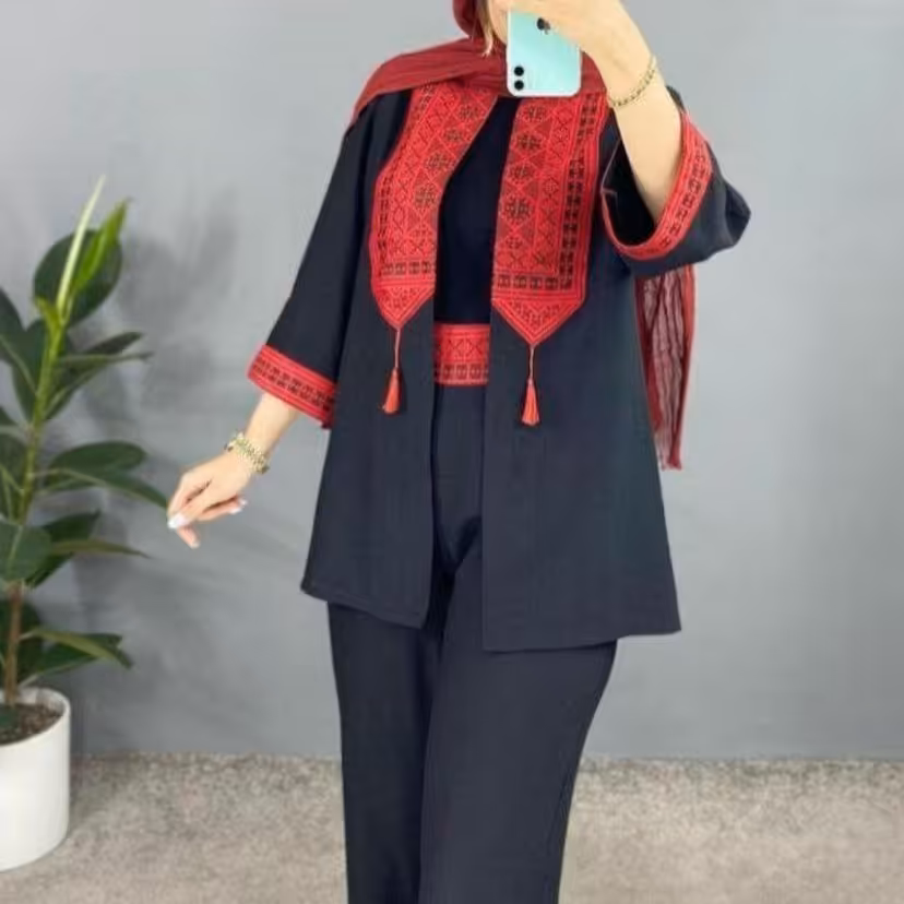 ست یلدایی مانتو و شلوار خرجکار سنتی رستا ،جنس بابوس درجه یک