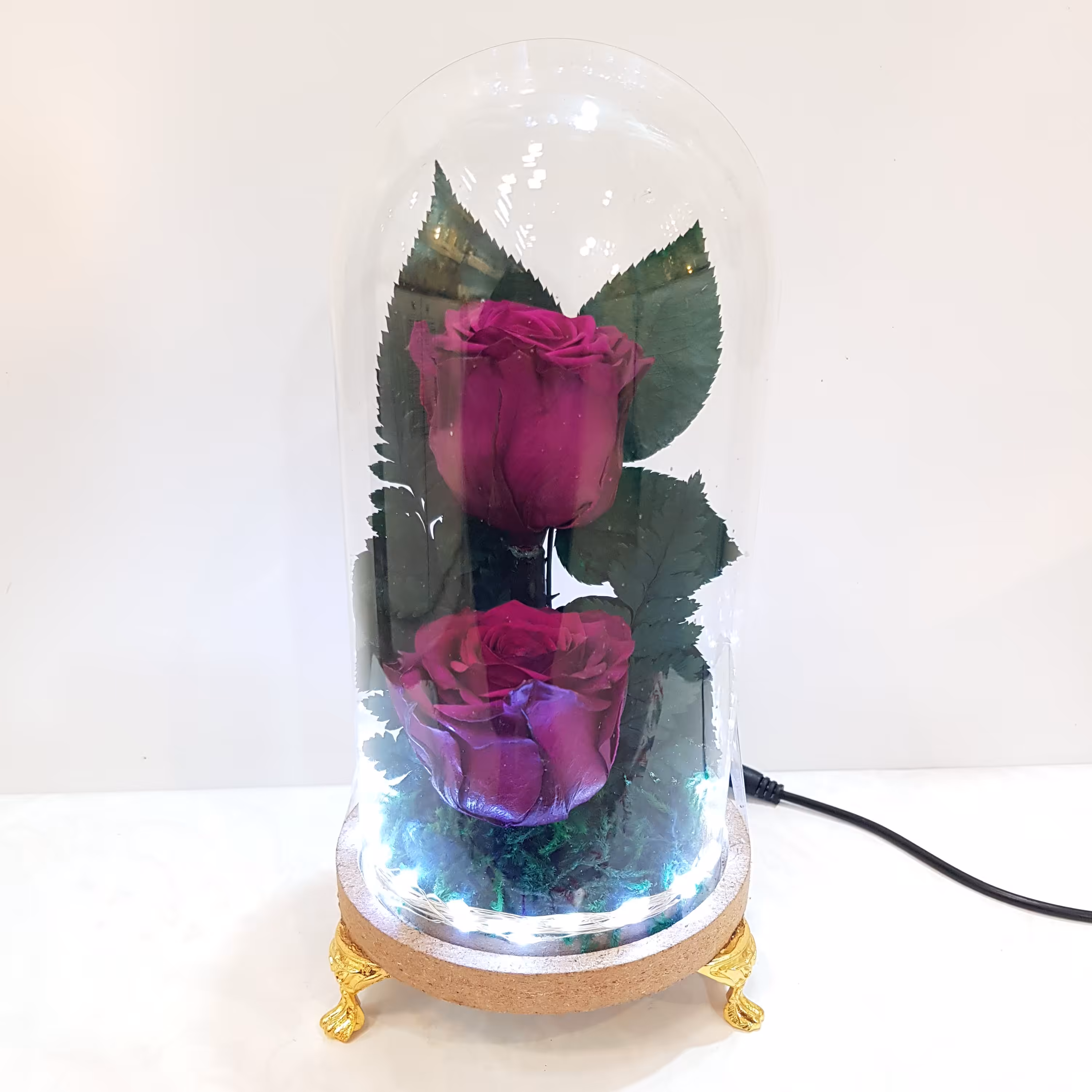 گل رز جاودان،رنگ بنفش ،هدیه ،کادو ولنتاین ،مدل دو گل،همراه باریسه برقی و آدابتور،استفاده بسیار آسان