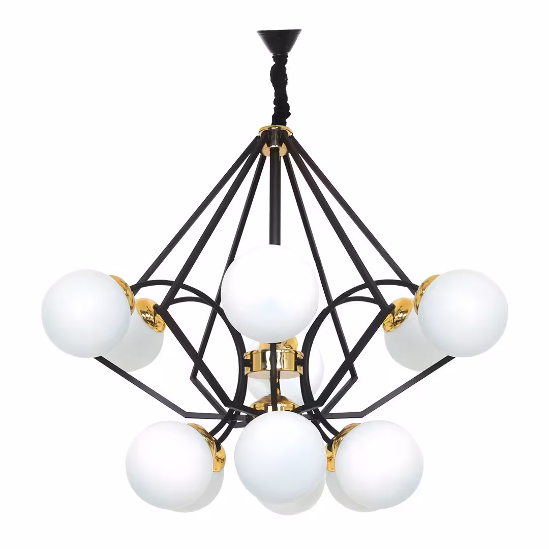 لوستر مولکولی پذیرایی فلزی ارزان مدرن در رنگ مشکی طلایی باضمانت 6 شاخه 12 شعله M8003