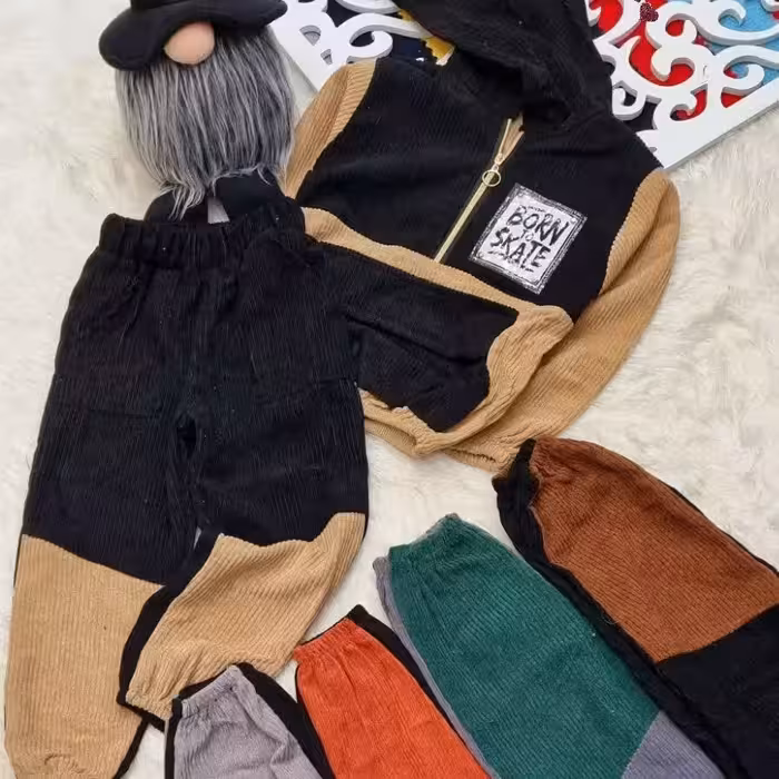 ست هودی و شلوار مخمل کبریتی دخترانه و پسرانه فقط فقط سایز 45 و50رنگ اجری کرمی