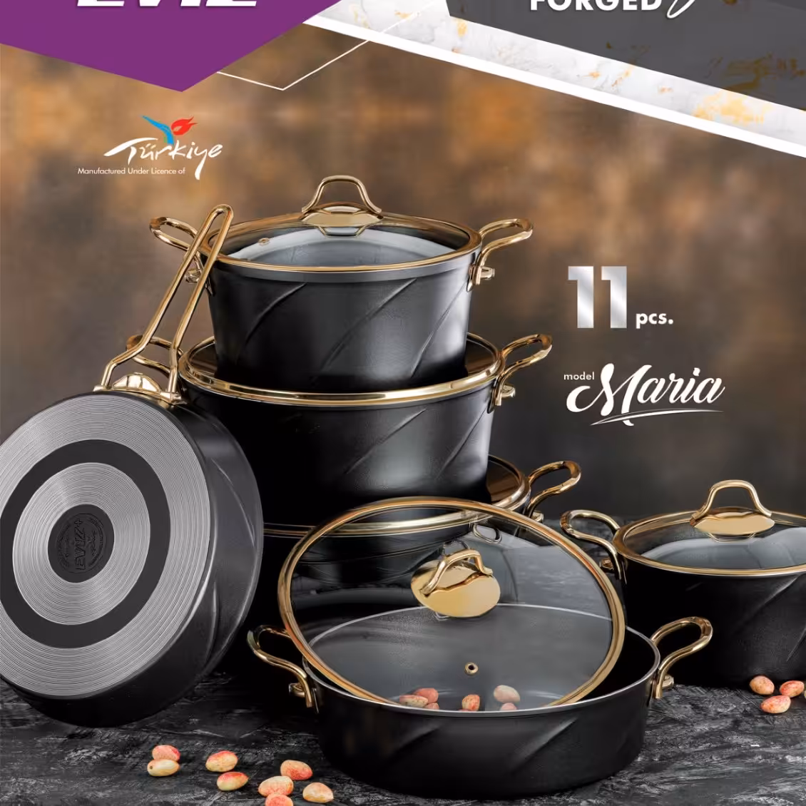 سرویس قابلمه 11 پارچه EVIZ PLUS مدل ماریا دسته طلا