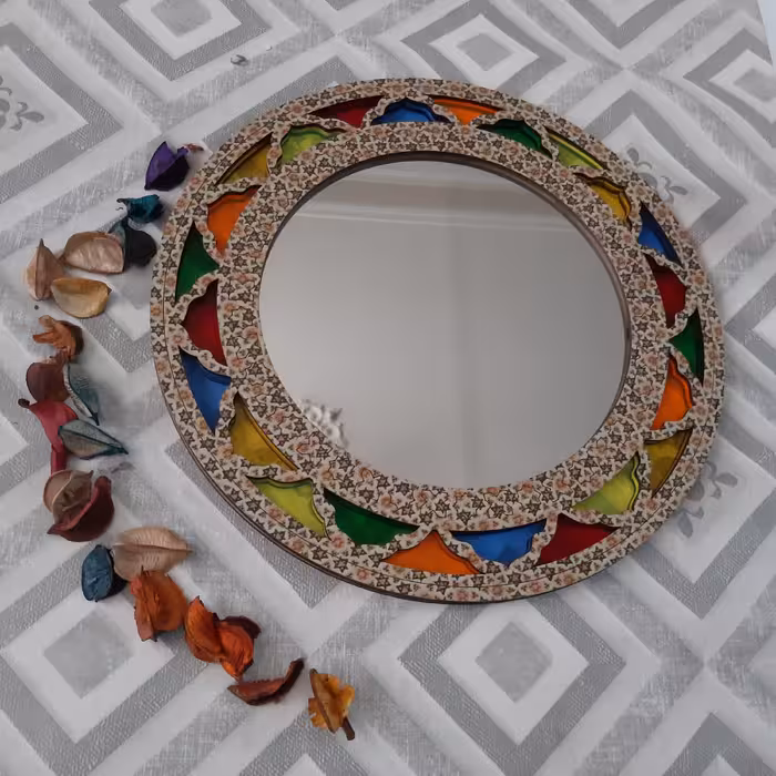 آینه  دیواری  آبنوس  دایره شکل  چوبی طرح دار   